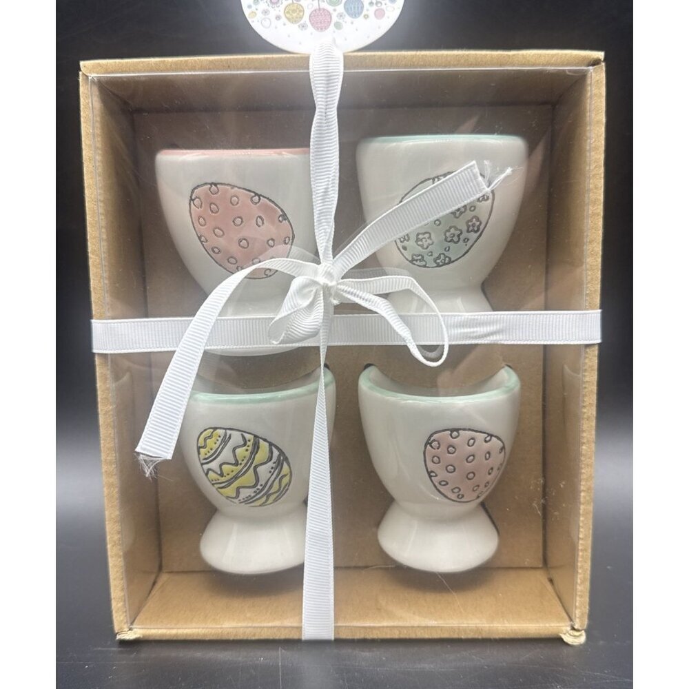 Grace Teaware Bunny Boulevard Colorful Ceramic Egg Cups Set Of 4 NEW Farmhouse